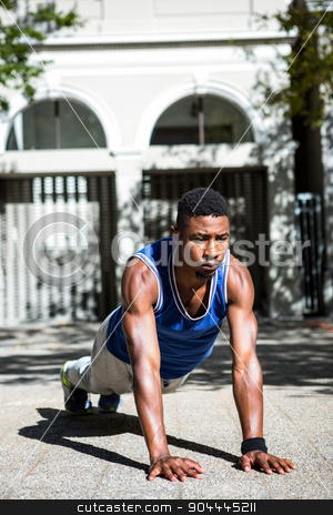 To use this stock image in your creative project, please select the size you need over to the right and click the "Add to Cart" button.
Your downloaded image will come with the Cutcaster watermark removed so don’t worry about the watermark you see on this page. Happy athlete doing push-ups stock photo, Happy athlete doing push-ups on the street by Wavebreak Media