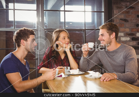 To use this stock image in your creative project, please select the size you need over to the right and click the "Add to Cart" button.
Your downloaded image will come with the Cutcaster watermark removed so don’t worry about the watermark you see on this page. Smiling friends talking and enjoying coffee and cake stock photo, Smiling friends talking and enjoying coffee and cake at coffee shop by Wavebreak Media