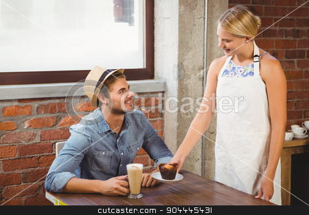 To use this stock image in your creative project, please select the size you need over to the right and click the "Add to Cart" button.
Your downloaded image will come with the Cutcaster watermark removed so don’t worry about the watermark you see on this page. Smiling blonde waitress serving muffin to handsome hipster stock photo, Smiling blonde waitress serving muffin to handsome hipster at coffee shop by Wavebreak Media