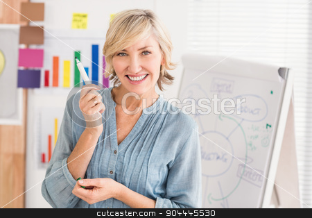 To use this stock image in your creative project, please select the size you need over to the right and click the "Add to Cart" button.
Your downloaded image will come with the Cutcaster watermark removed so don’t worry about the watermark you see on this page. Happy businesswoman holding a marker stock photo, Portrait of a smiling businesswoman holding a marker at office by Wavebreak Media