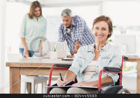 To use this stock image in your creative project, please select the size you need over to the right and click the "Add to Cart" button.
Your downloaded image will come with the Cutcaster watermark removed so don’t worry about the watermark you see on this page. Casual businesswoman in wheelchair with notepad stock photo, Portrait of casual businesswoman in wheelchair with notepad in the office by Wavebreak Media