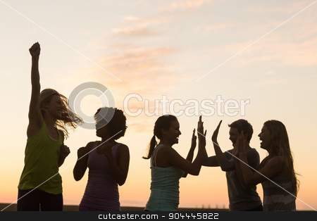 To use this stock image in your creative project, please select the size you need over to the right and click the "Add to Cart" button.
Your downloaded image will come with the Cutcaster watermark removed so don’t worry about the watermark you see on this page. Happy sporty women cheering against sunset stock photo, Happy sporty women cheering against sunset in parkland by Wavebreak Media