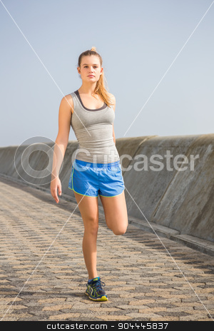 To use this stock image in your creative project, please select the size you need over to the right and click the "Add to Cart" button.
Your downloaded image will come with the Cutcaster watermark removed so don’t worry about the watermark you see on this page. Sporty blonde stretching leg at promenade stock photo, Sporty blonde stretching leg at promenade on a sunny day by Wavebreak Media
