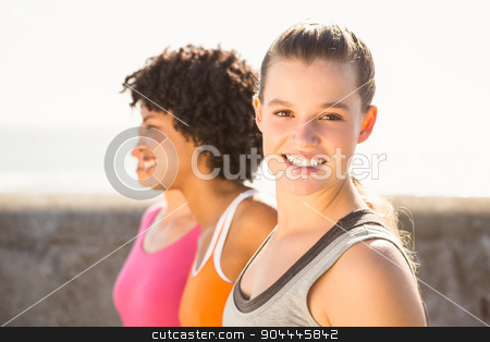To use this stock image in your creative project, please select the size you need over to the right and click the "Add to Cart" button.
Your downloaded image will come with the Cutcaster watermark removed so don’t worry about the watermark you see on this page. Smiling sporty woman with two friends stock photo, Portrait of smiling sporty woman with two friends at promenade by Wavebreak Media