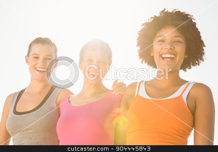 To use this stock image in your creative project, please select the size you need over to the right and click the "Add to Cart" button.
Your downloaded image will come with the Cutcaster watermark removed so don’t worry about the watermark you see on this page. Sporty women laughing at camera stock photo, Portrait of sporty women laughing at camera at promenade by Wavebreak Media