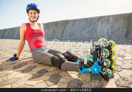 To use this stock image in your creative project, please select the size you need over to the right and click the "Add to Cart" button.
Your downloaded image will come with the Cutcaster watermark removed so don’t worry about the watermark you see on this page. Smiling sporty blonde skater sitting on ground stock photo, Portrait of smiling sporty blonde skater sitting on ground at promenade by Wavebreak Media