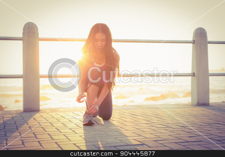To use this stock image in your creative project, please select the size you need over to the right and click the "Add to Cart" button.
Your downloaded image will come with the Cutcaster watermark removed so don’t worry about the watermark you see on this page. Fit woman tying her shoelace at promenade stock photo, Fit woman tying her shoelace at promenade on a sunny day by Wavebreak Media