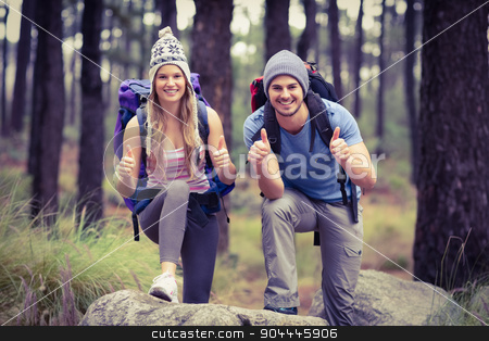 To use this stock image in your creative project, please select the size you need over to the right and click the "Add to Cart" button.
Your downloaded image will come with the Cutcaster watermark removed so don’t worry about the watermark you see on this page. Portrait of a happy hiker couple with thumbs up stock photo, Portrait of a happy hiker couple with thumbs up in the nature by Wavebreak Media