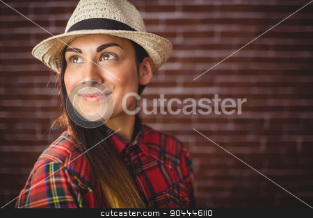 To use this stock image in your creative project, please select the size you need over to the right and click the "Add to Cart" button.
Your downloaded image will come with the Cutcaster watermark removed so don’t worry about the watermark you see on this page. Beautiful hipster smiling stock photo, Beautiful hipster smiling on red brick background by Wavebreak Media