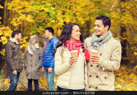 To use this stock image in your creative project, please select the size you need over to the right and click the "Add to Cart" button.
Your downloaded image will come with the Cutcaster watermark removed so don’t worry about the watermark you see on this page. group of smiling friend with coffee cups in park stock photo, love, relationship, season, friendship and people concept - group of smiling men and women walking with paper coffee cups in autumn park by Syda Productions