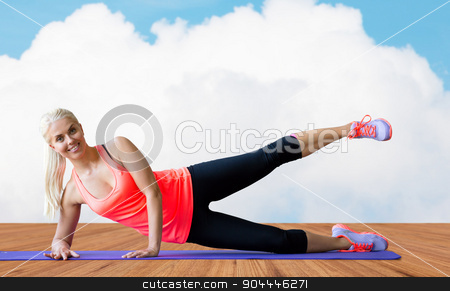 To use this stock image in your creative project, please select the size you need over to the right and click the "Add to Cart" button.
Your downloaded image will come with the Cutcaster watermark removed so don’t worry about the watermark you see on this page. smiling woman exercising on mat over floor and sky stock photo, fitness, sport, exercising and people concept - smiling woman raising leg on mat over wooden floor and sky with white cloud background by Syda Productions