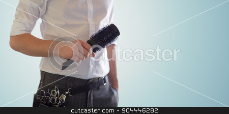 To use this stock image in your creative project, please select the size you need over to the right and click the "Add to Cart" button.
Your downloaded image will come with the Cutcaster watermark removed so don’t worry about the watermark you see on this page. close up of male stylist with brush at salon stock photo, beauty and hair salon, hairstyle and people concept - close up of male stylist with brush blank over blue background by Syda Productions
