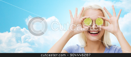 To use this stock image in your creative project, please select the size you need over to the right and click the "Add to Cart" button.
Your downloaded image will come with the Cutcaster watermark removed so don’t worry about the watermark you see on this page. happy woman having fun covering eyes with lime stock photo, healthy eating, organic food, fruit diet, comic and people concept - happy woman having fun and covering her eyes with lime slices over blue sky and clouds background by Syda Productions