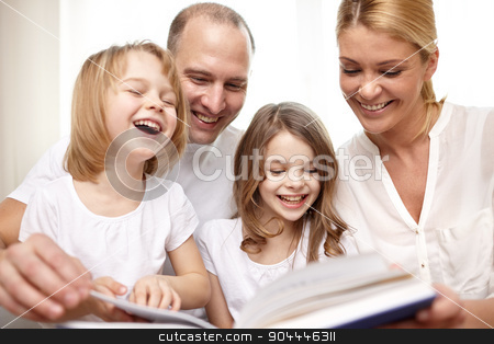 To use this stock image in your creative project, please select the size you need over to the right and click the "Add to Cart" button.
Your downloaded image will come with the Cutcaster watermark removed so don’t worry about the watermark you see on this page. happy family reading book at home stock photo, family, childhood, literature and people - happy mother, father and little girls reading book and laughing at home by Syda Productions