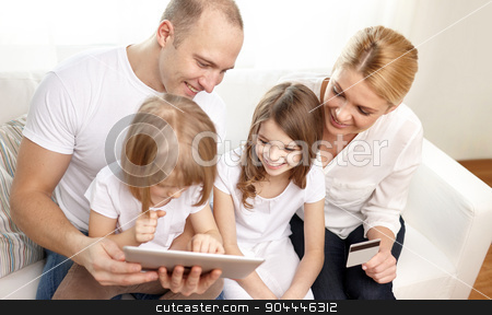To use this stock image in your creative project, please select the size you need over to the right and click the "Add to Cart" button.
Your downloaded image will come with the Cutcaster watermark removed so don’t worry about the watermark you see on this page. happy family with tablet pc and credit card stock photo, family, online shopping, technology and people - happy family with tablet pc computer and credit card at home by Syda Productions