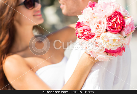To use this stock image in your creative project, please select the size you need over to the right and click the "Add to Cart" button.
Your downloaded image will come with the Cutcaster watermark removed so don’t worry about the watermark you see on this page. close up of couple with bunch flowers in city stock photo, love, wedding, summer, dating and people concept - close up of couple with bunch of flowers hugging in city by Syda Productions