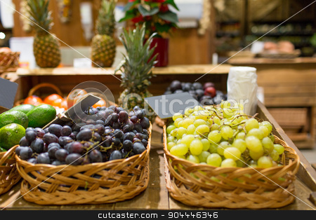 To use this stock image in your creative project, please select the size you need over to the right and click the "Add to Cart" button.
Your downloaded image will come with the Cutcaster watermark removed so don’t worry about the watermark you see on this page. grape in baskets with nameplates at food market stock photo, sale, shopping and eco food concept - ripe red and white grape in baskets with nameplates at grocery market by Syda Productions