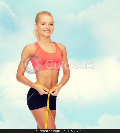 To use this stock image in your creative project, please select the size you need over to the right and click the "Add to Cart" button.
Your downloaded image will come with the Cutcaster watermark removed so don’t worry about the watermark you see on this page. smiling sporty woman with measuring tape stock photo, diet, sport, fitness and heath concept - smiling beautiful sporty woman with measuring tape by Syda Productions