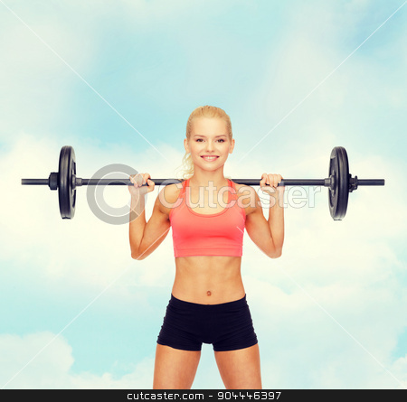 To use this stock image in your creative project, please select the size you need over to the right and click the "Add to Cart" button.
Your downloaded image will come with the Cutcaster watermark removed so don’t worry about the watermark you see on this page. smiling sporty woman exercising with barbell stock photo, fitness, sport and dieting concept - smiling sporty woman exercising with barbell by Syda Productions