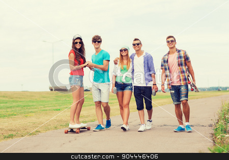 To use this stock image in your creative project, please select the size you need over to the right and click the "Add to Cart" button.
Your downloaded image will come with the Cutcaster watermark removed so don’t worry about the watermark you see on this page. group of smiling teenagers with skateboards stock photo, holidays, vacation, love and friendship concept - group of smiling teenagers walking and riding on skateboards outdoors by Syda Productions