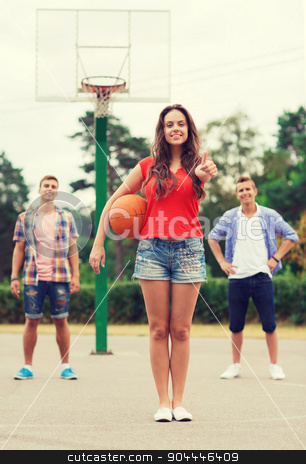 To use this stock image in your creative project, please select the size you need over to the right and click the "Add to Cart" button.
Your downloaded image will come with the Cutcaster watermark removed so don’t worry about the watermark you see on this page. group of smiling teenagers playing basketball stock photo, summer vacation, holidays, games, gesture and people concept - group of smiling teenagers playing basketball and showing thumbs up outdoors by Syda Productions