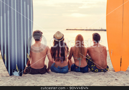 To use this stock image in your creative project, please select the size you need over to the right and click the "Add to Cart" button.
Your downloaded image will come with the Cutcaster watermark removed so don’t worry about the watermark you see on this page. group of friends in sunglasses with surfs on beach stock photo, friendship, sea, summer vacation, water sport and people concept - group of friends wearing swimwear sitting with surfboards on beach from back by Syda Productions