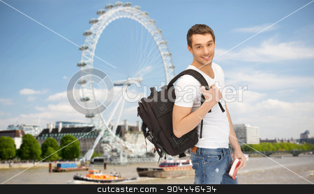 To use this stock image in your creative project, please select the size you need over to the right and click the "Add to Cart" button.
Your downloaded image will come with the Cutcaster watermark removed so don’t worry about the watermark you see on this page. happy young man with backpack and book travelling stock photo, people, travel, tourism and education concept - happy young man with backpack and book over london ferry wheel background by Syda Productions