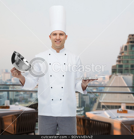To use this stock image in your creative project, please select the size you need over to the right and click the "Add to Cart" button.
Your downloaded image will come with the Cutcaster watermark removed so don’t worry about the watermark you see on this page. happy male chef cook opening cloche stock photo, cooking, profession and people concept - happy male chef cook opening cloche cover over city restaurant lounge background by Syda Productions