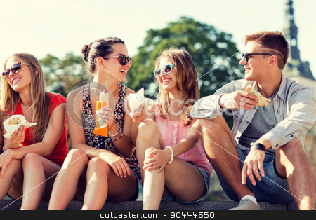 To use this stock image in your creative project, please select the size you need over to the right and click the "Add to Cart" button.
Your downloaded image will come with the Cutcaster watermark removed so don’t worry about the watermark you see on this page. group of smiling friends sitting on city square stock photo, friendship, leisure, summer and people concept - group of smiling friends in sunglasses sitting with food on city square by Syda Productions