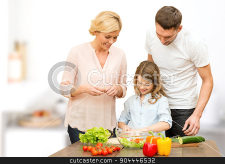 To use this stock image in your creative project, please select the size you need over to the right and click the "Add to Cart" button.
Your downloaded image will come with the Cutcaster watermark removed so don’t worry about the watermark you see on this page. happy family cooking vegetable salad for dinner stock photo, vegetarian food, culinary, happiness and people concept - happy family cooking vegetable salad for dinner over kitchen background by Syda Productions