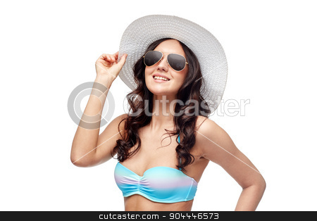 To use this stock image in your creative project, please select the size you need over to the right and click the "Add to Cart" button.
Your downloaded image will come with the Cutcaster watermark removed so don’t worry about the watermark you see on this page. happy young woman in bikini swimsuit and sun hat stock photo, people, fashion, summer and beach concept - happy young woman in bikini swimsuit, sunglasses and sun hat by Syda Productions