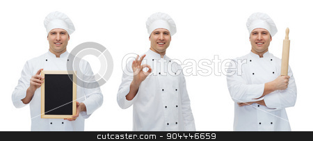 To use this stock image in your creative project, please select the size you need over to the right and click the "Add to Cart" button.
Your downloaded image will come with the Cutcaster watermark removed so don’t worry about the watermark you see on this page. happy male chef baker with menu board showing ok stock photo, cooking, profession, advertisement and people concept - happy male chef cook or baker in toque holding blank menu board, rolling pin and showing ok hand sign by Syda Productions