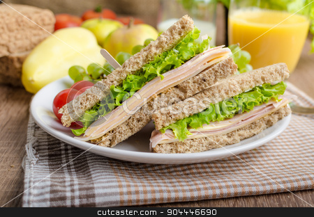 To use this stock image in your creative project, please select the size you need over to the right and click the "Add to Cart" button.
Your downloaded image will come with the Cutcaster watermark removed so don’t worry about the watermark you see on this page. Back to school sandwich stock photo, Back to school sandwich, simple sandwich whole grain bread, salad, ham and cheese. Milk and fresh juice, fruit for bio healthy by Peteer