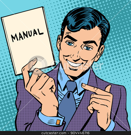 To use this stock image in your creative project, please select the size you need over to the right and click the "Add to Cart" button.
Your downloaded image will come with the Cutcaster watermark removed so don’t worry about the watermark you see on this page. man manual stock vector clipart, The man is a businessman with a manual in hand. Retro style pop art by studiostoks