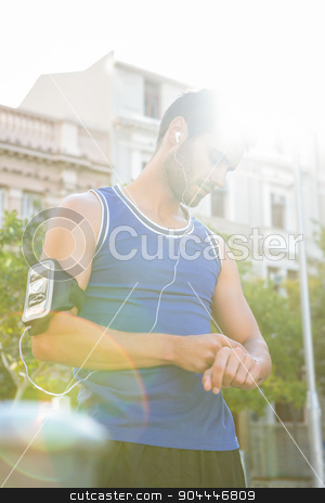 To use this stock image in your creative project, please select the size you need over to the right and click the "Add to Cart" button.
Your downloaded image will come with the Cutcaster watermark removed so don’t worry about the watermark you see on this page. Handsome athlete checking heart rate watch stock photo, Handsome athlete checking heart rate watch in the city by Wavebreak Media