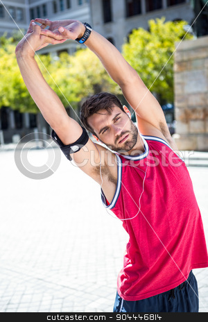 To use this stock image in your creative project, please select the size you need over to the right and click the "Add to Cart" button.
Your downloaded image will come with the Cutcaster watermark removed so don’t worry about the watermark you see on this page. Handsome athlete doing arms stretching stock photo, Portrait of an athlete doing arms stretching on a sunny day by Wavebreak Media