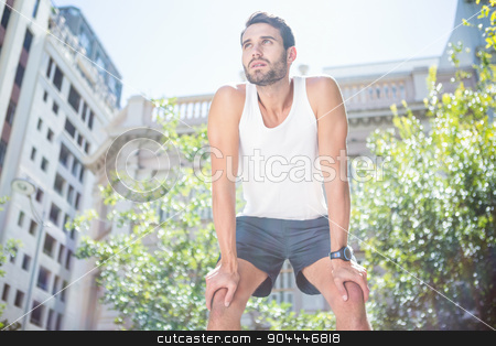 To use this stock image in your creative project, please select the size you need over to the right and click the "Add to Cart" button.
Your downloaded image will come with the Cutcaster watermark removed so don’t worry about the watermark you see on this page. Tired handsome athletic resting stock photo, Tired handsome athletic resting in the city by Wavebreak Media