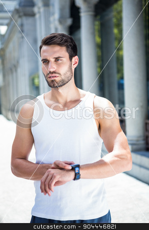 To use this stock image in your creative project, please select the size you need over to the right and click the "Add to Cart" button.
Your downloaded image will come with the Cutcaster watermark removed so don’t worry about the watermark you see on this page. Concentrated handsome athlete checking heart rate watch stock photo, Concentrated handsome athlete checking heart rate watch in the city by Wavebreak Media