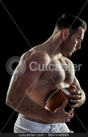 To use this stock image in your creative project, please select the size you need over to the right and click the "Add to Cart" button.
Your downloaded image will come with the Cutcaster watermark removed so don’t worry about the watermark you see on this page. Shirtless American football player with ball stock photo, Shirtless American football player with ball on black background by Wavebreak Media
