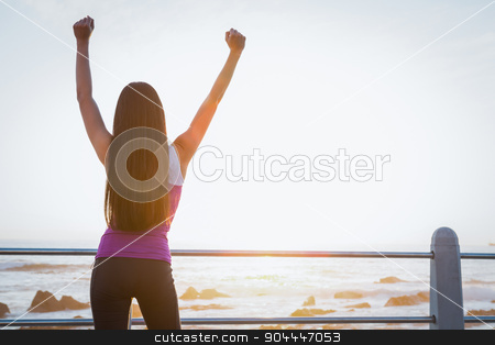 To use this stock image in your creative project, please select the size you need over to the right and click the "Add to Cart" button.
Your downloaded image will come with the Cutcaster watermark removed so don’t worry about the watermark you see on this page. Rear view of fit woman cheering at promenade stock photo, Rear view of fit woman cheering at promenade on a sunny day by Wavebreak Media