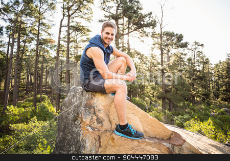 To use this stock image in your creative project, please select the size you need over to the right and click the "Add to Cart" button.
Your downloaded image will come with the Cutcaster watermark removed so don’t worry about the watermark you see on this page. Young happy jogger sitting on rock and looking at camera stock photo, Young happy jogger sitting on rock and looking at camera in the nature by Wavebreak Media