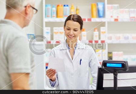To use this stock image in your creative project, please select the size you need over to the right and click the "Add to Cart" button.
Your downloaded image will come with the Cutcaster watermark removed so don’t worry about the watermark you see on this page. pharmacist reading prescription and senior man stock photo, medicine, pharmaceutics, health care and people concept - pharmacist reading prescription and senior man at drugstore cash register by Syda Productions