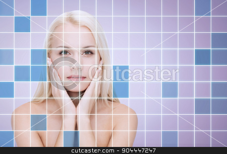 To use this stock image in your creative project, please select the size you need over to the right and click the "Add to Cart" button.
Your downloaded image will come with the Cutcaster watermark removed so don’t worry about the watermark you see on this page. beautiful young woman touching face stock photo, beauty, people and health concept - beautiful young woman with bare shoulders touching her face over violet background with squared grid by Syda Productions
