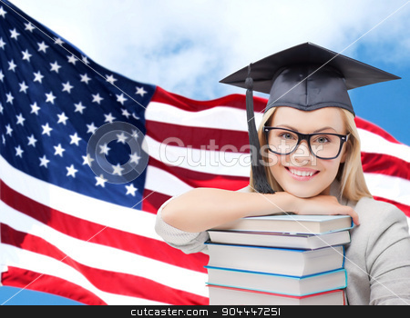 To use this stock image in your creative project, please select the size you need over to the right and click the "Add to Cart" button.
Your downloaded image will come with the Cutcaster watermark removed so don’t worry about the watermark you see on this page. happy student girl with books over american flag stock photo, education, high school, knowledge and people concept - picture of happy student girl or woman in trencher cap with stack of books over american flag background by Syda Productions