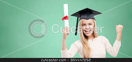 To use this stock image in your creative project, please select the size you need over to the right and click the "Add to Cart" button.
Your downloaded image will come with the Cutcaster watermark removed so don’t worry about the watermark you see on this page. student in trencher cap with diploma over green stock photo, education, high school, knowledge, graduation and people concept - happy student girl or woman in trencher cap with diploma certificate over green chalk board background by Syda Productions