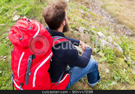 To use this stock image in your creative project, please select the size you need over to the right and click the "Add to Cart" button.
Your downloaded image will come with the Cutcaster watermark removed so don’t worry about the watermark you see on this page. man hiker with red backpack sitting on ground stock photo, adventure, travel, tourism, hike and people concept - man hiker with red backpack sitting on ground by Syda Productions