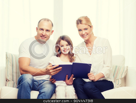 To use this stock image in your creative project, please select the size you need over to the right and click the "Add to Cart" button.
Your downloaded image will come with the Cutcaster watermark removed so don’t worry about the watermark you see on this page. smiling parents and little girl with at home stock photo, family, child and home concept - smiling parents and little girl with book at home by Syda Productions