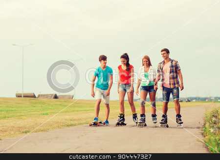 To use this stock image in your creative project, please select the size you need over to the right and click the "Add to Cart" button.
Your downloaded image will come with the Cutcaster watermark removed so don’t worry about the watermark you see on this page. group of smiling teenagers with roller-skates stock photo, holidays, vacation, love and friendship concept - group of smiling teenagers with roller skates and skateboard riding outdoors by Syda Productions