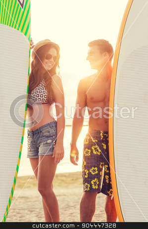 To use this stock image in your creative project, please select the size you need over to the right and click the "Add to Cart" button.
Your downloaded image will come with the Cutcaster watermark removed so don’t worry about the watermark you see on this page. smiling couple in sunglasses with surfs on beach stock photo, friendship, sea, summer vacation, water sport and people concept - smiling couple in swimwear and sunglasses with surfs on beach by Syda Productions