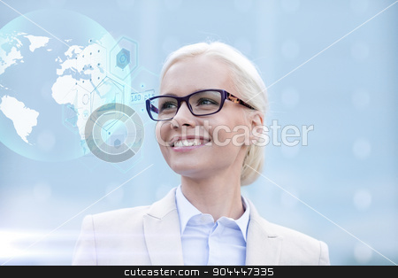 To use this stock image in your creative project, please select the size you need over to the right and click the "Add to Cart" button.
Your downloaded image will come with the Cutcaster watermark removed so don’t worry about the watermark you see on this page. young smiling businesswoman in eyeglasses outdoors stock photo, business, people, technology and education concept - young smiling businesswoman in eyeglasses with virtual screens and globe hologram outdoors by Syda Productions